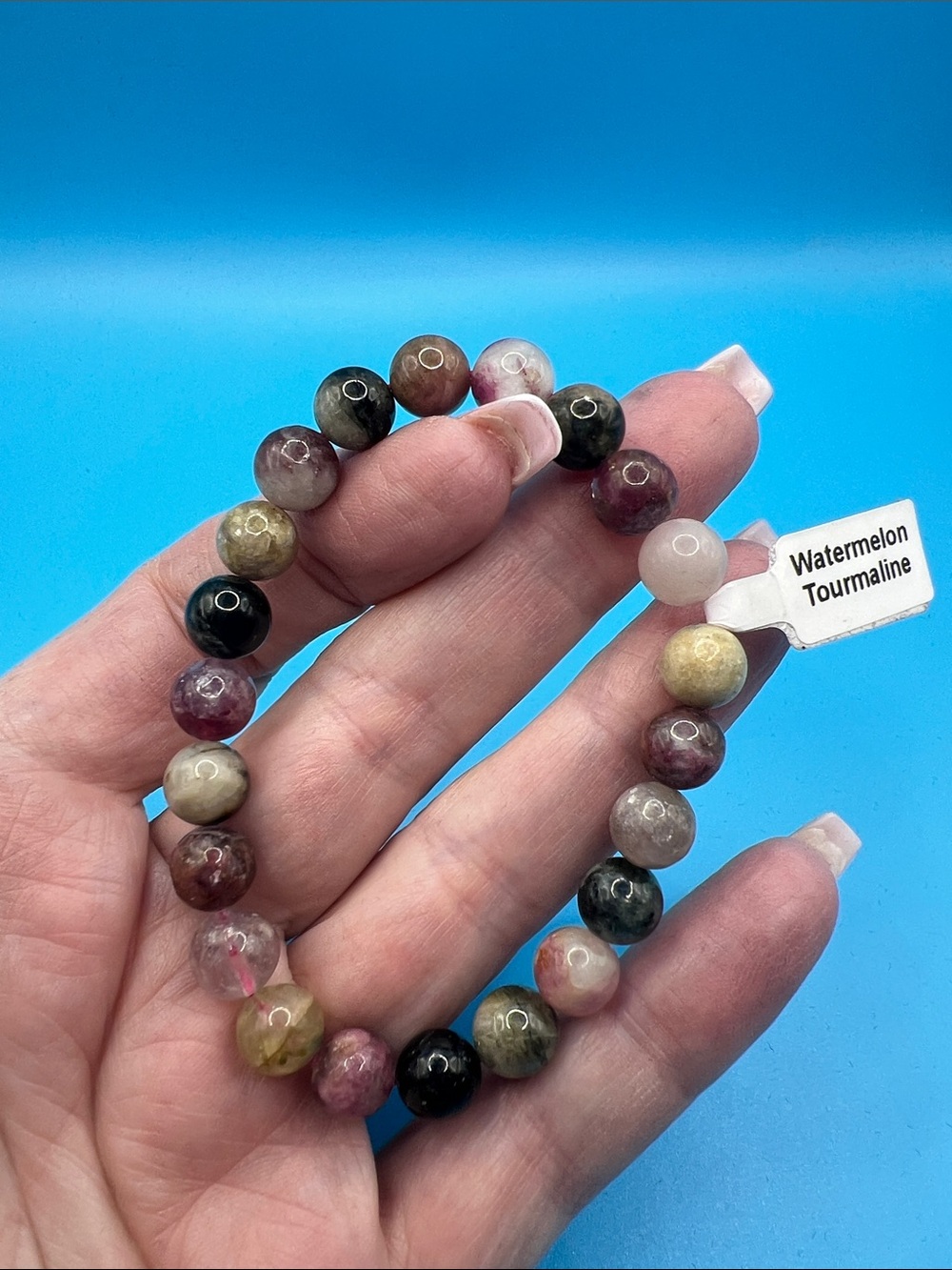 Watermelon Tourmaline Beaded Stretch Bracelet - Multi - 8mm